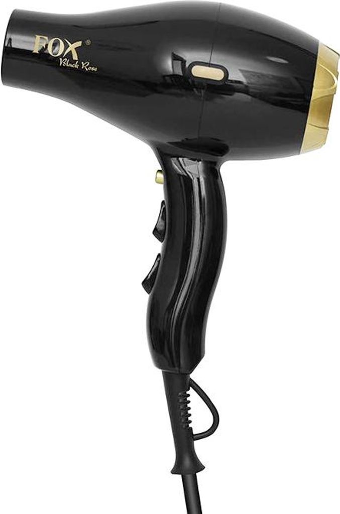 A black and gold hair dryer is shown against a white background.
