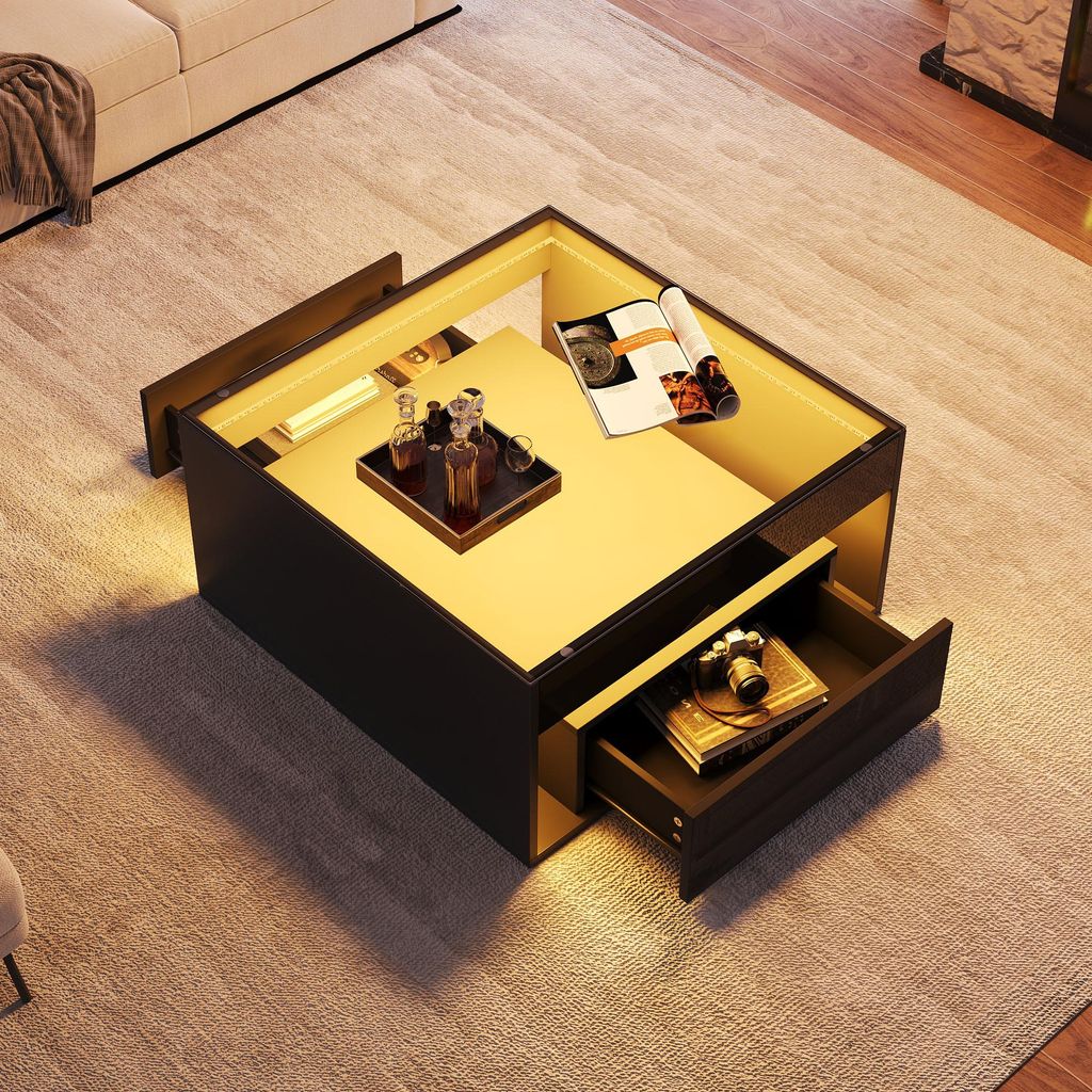 MODFU Couchtisch Schwarz,Hochglanz-Wohnzimmertisch mit offene Mittelfach und 2 Schublade,Sofatisch Beistelltisch mit LED und gehärtetem Glas,70 x ...