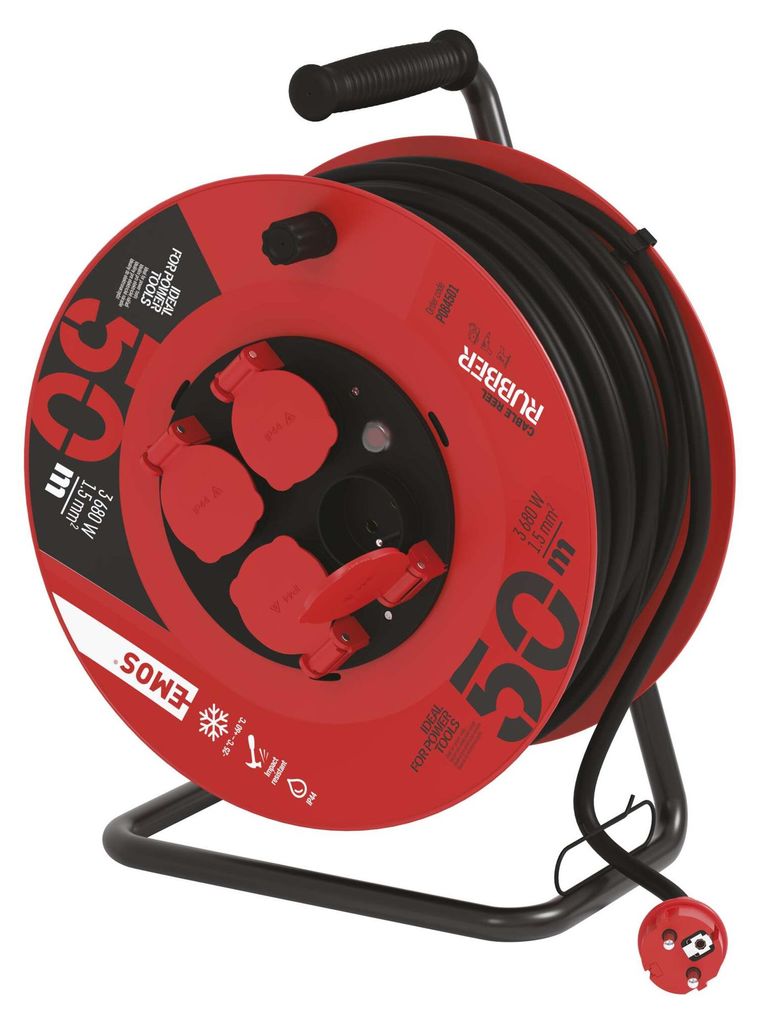 Venkovní prodlužovací kabel na bubnu 50 m / 4 zásuvky / černý / guma / 230 V / 1,5 mm2