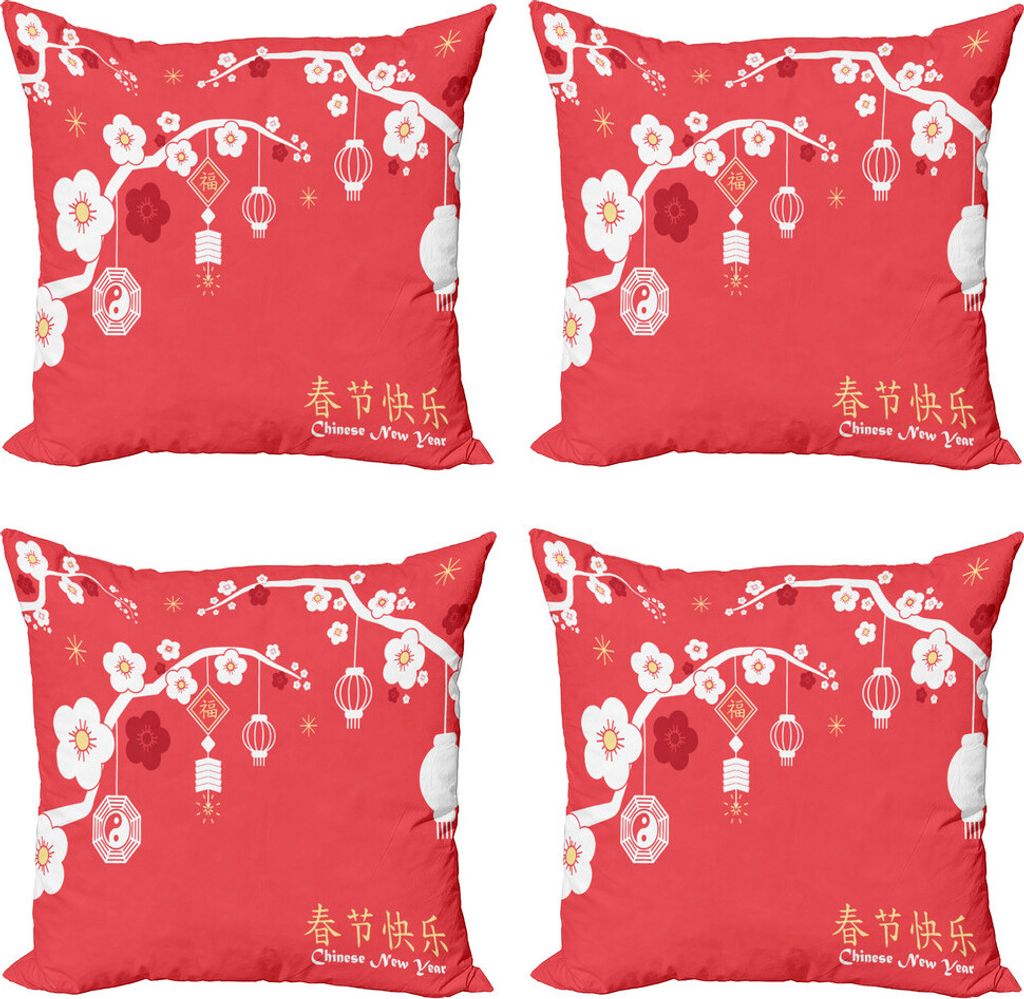 ABAKUHAUS Chinesisches Neujahr Kissenbezug Set (4 Stück), Laternen auf Kirschblüte-Baum, Moderner Doppelseitiger Digitaldruck, 50 cm x 50 cm, Bla...