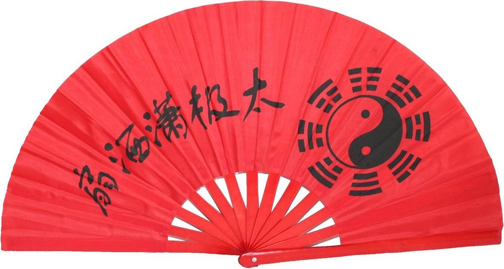 036 Fächer Tai Chi rot Nylon Stoff Ying Yang Holz Bambusstreben