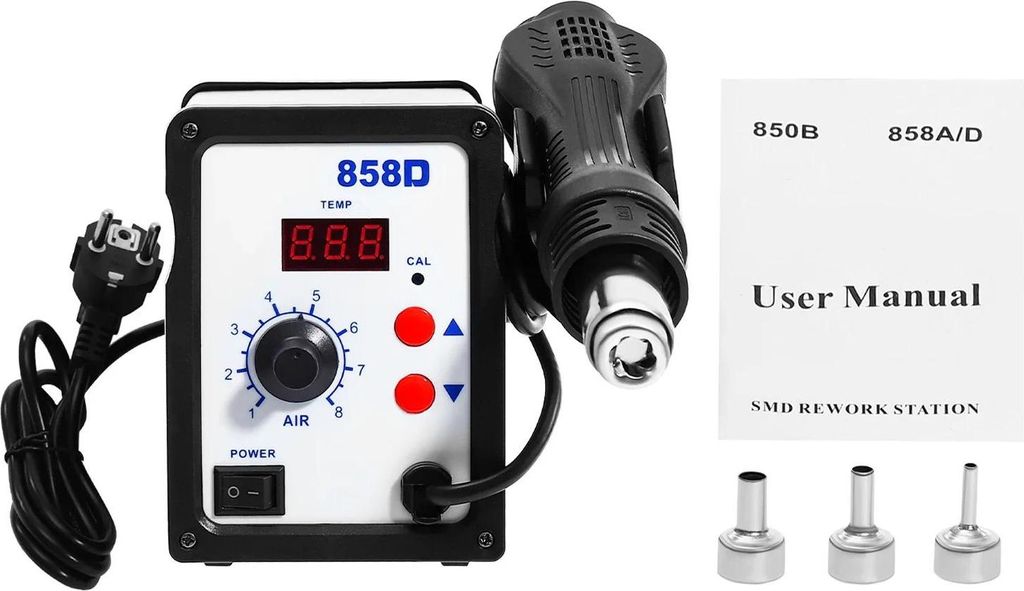 Heißluft Lötstation - SMD Rework-Station - 700 W - 100–450 °C - LED-Digitalanzeige - 3 Düsen - - 120 cm Handgriff