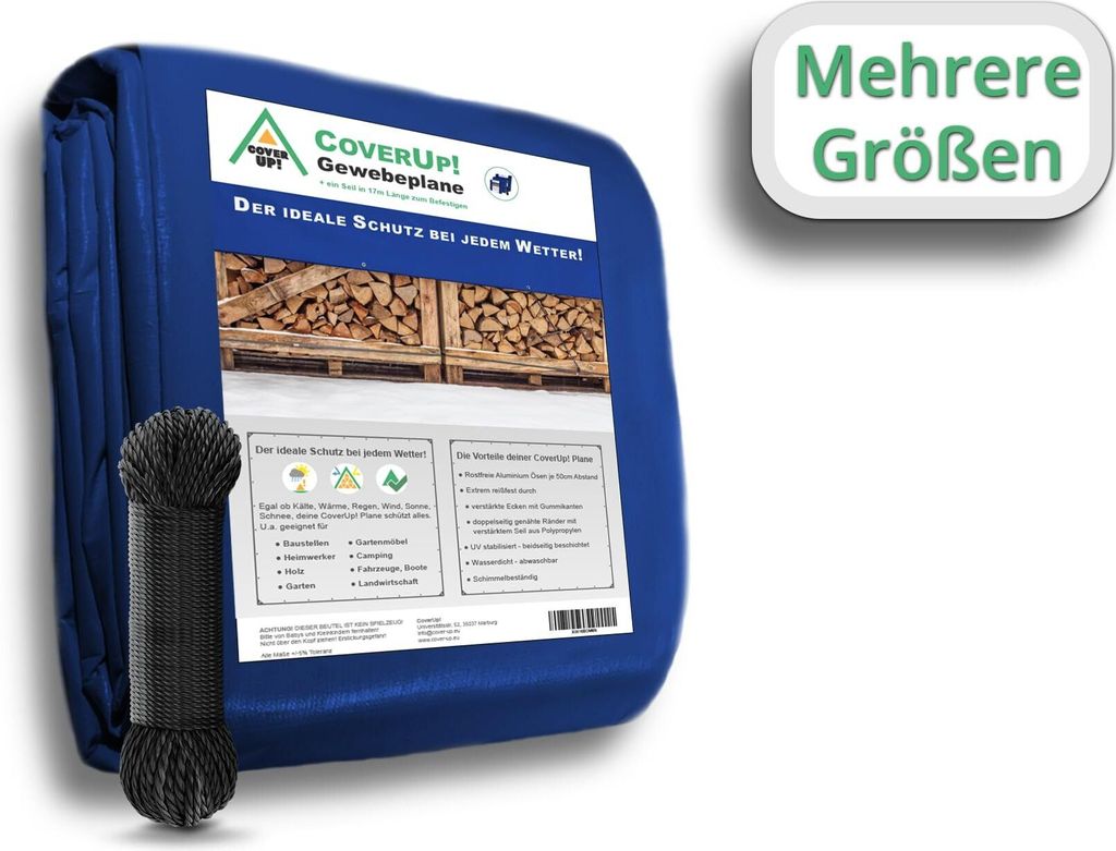 CoverUp! 2x3m Abdeckplane Wasserdicht - Farbe: Blau, 120g/m², Gewebeplane mit ösen, Verstärkte Gummiecken - Plane Wasserdicht UV-Schutz für Gar...