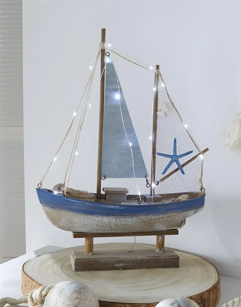 Figurine de décoration bateau voilier bois 48 cm à éclairage LED doux