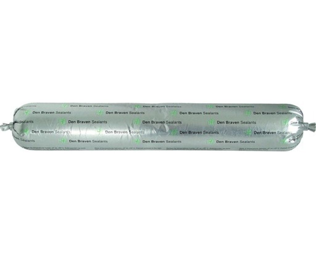 A silver sausage-shaped tube of sealant on a white background.