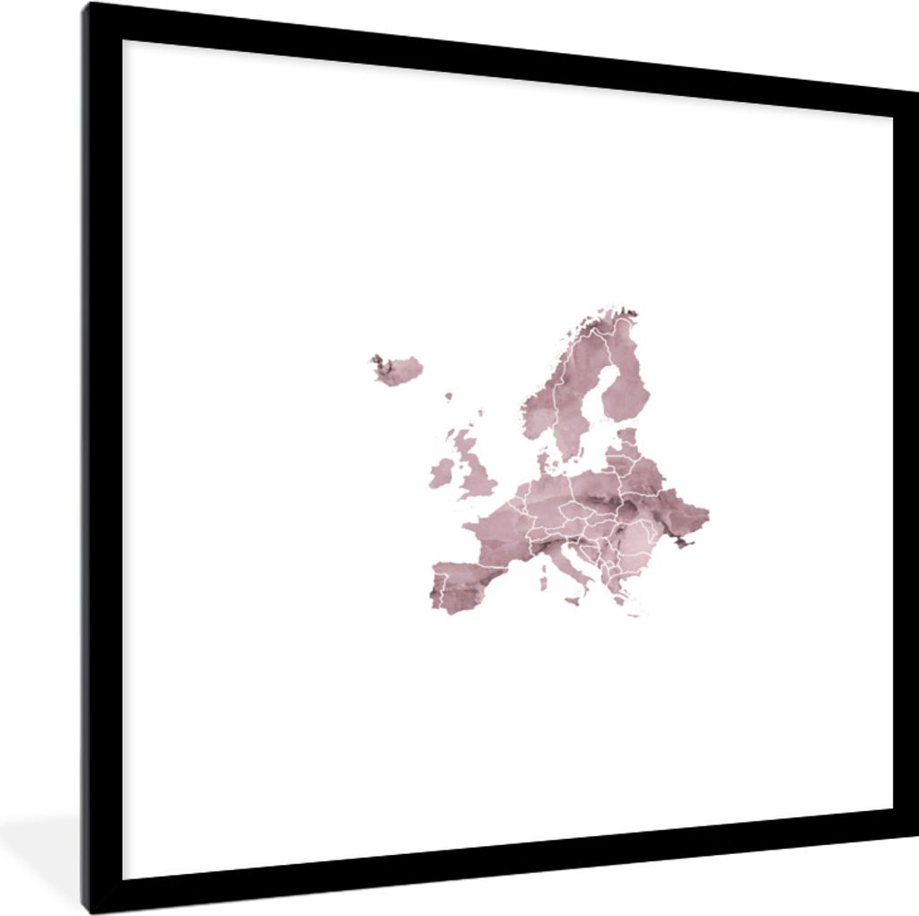 MuchoWow MuchoWow Gerahmtes Poster Karten - Europa - Aquarell - Lila 40x40 cm - Poster mit zchwarzem Bilderrahmen - Poster - Plakat im Rahmen