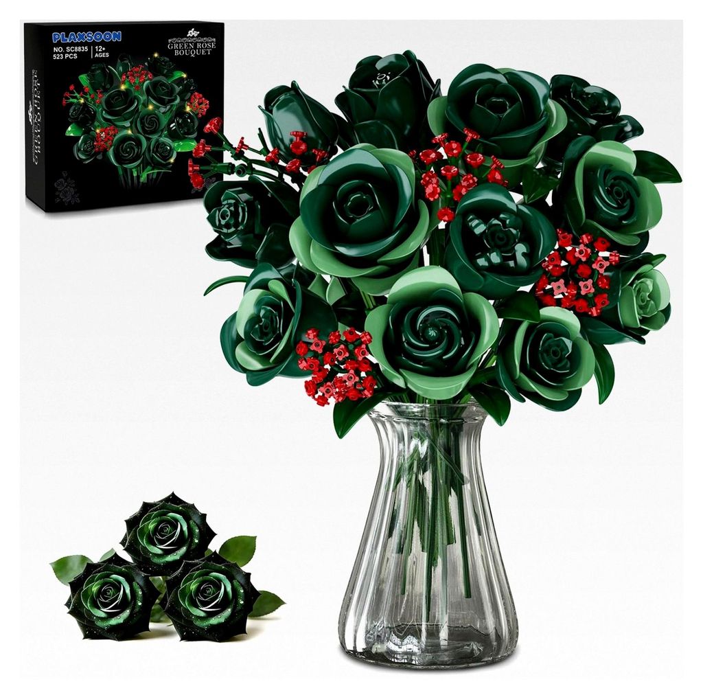 Bausatz für Blumenstrauß mit Licht, 16 grüne Rosen, botanische Kollektion, Bausteine für Erwachsene und Mädchen, 523 Stück künstliche Blumen...
