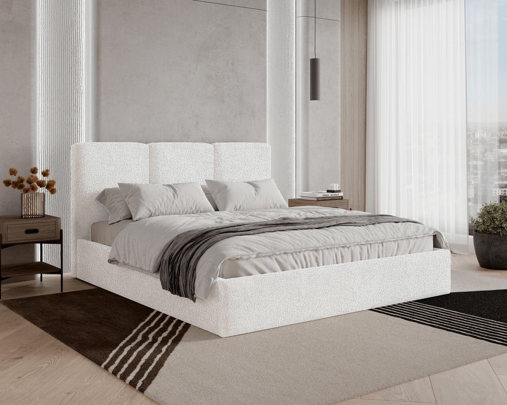 BESILIO Polsterbett 120x200 Mira Bouclé – Bett mit Bettkasten und Holzlattenrost, modernes Stauraumbett Schlafzimmer, Bouclé Stoff – Weiß