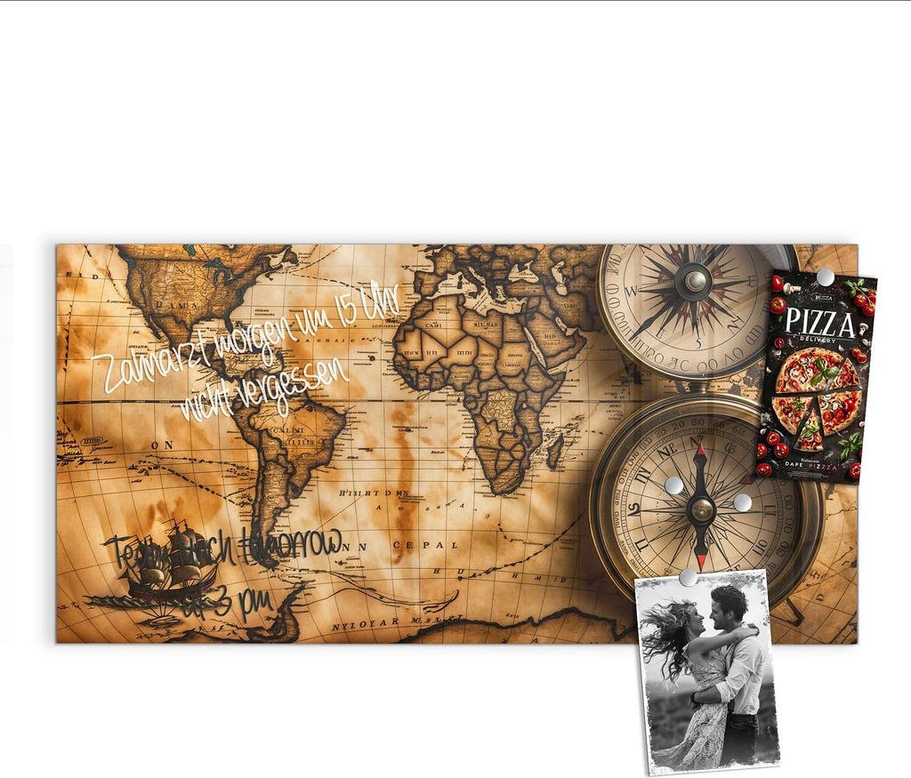 Magnettafel 100x50cm Pinnwand Whiteboard beschreibbar - Vintage Weltkarte Kompass