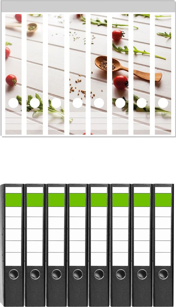 Wallario 8 Stück schmale Ordner inkl. Klebeetiketten mit Motive Küche Ruccola, Tomaten und Gewürze - Set mit Rückenschildern / Ordnerrücken St...