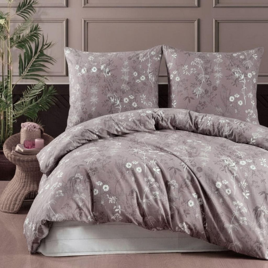 Bettwäsche 200x200 cm. 3-teilig Set 100% Baumwolle Bettbezug Braun Weiß Geblümt, Polina