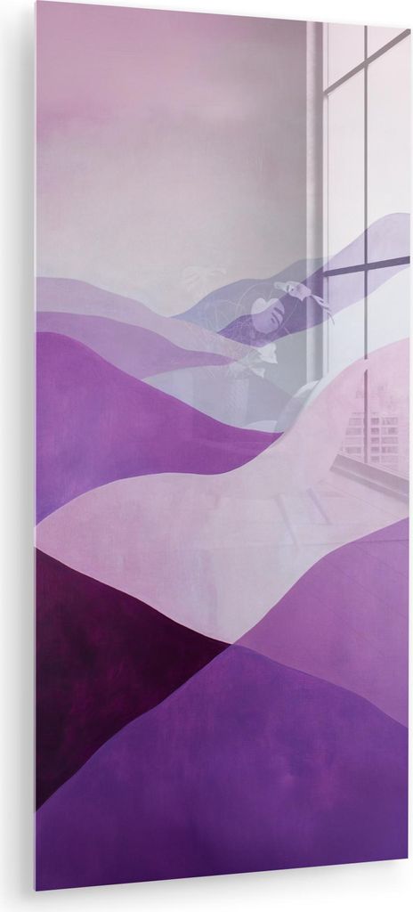 MuchoWow Glasbilder - Bilder auf Wandbild - Foto auf Glas Abstrakt - Hügel - Landschaft - Lila 60x120 cm Wanddekoration aus Glas - Acrylglasbild -...