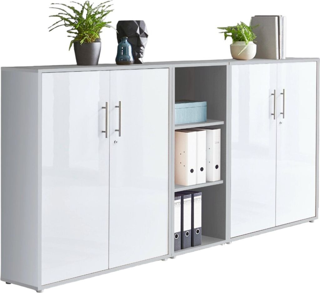 Aktenschrank TABOR 8 in lichtgrau / weiß Hochglanz, Schrankwand, Büroschrank, abschließbar, Metallgriffe