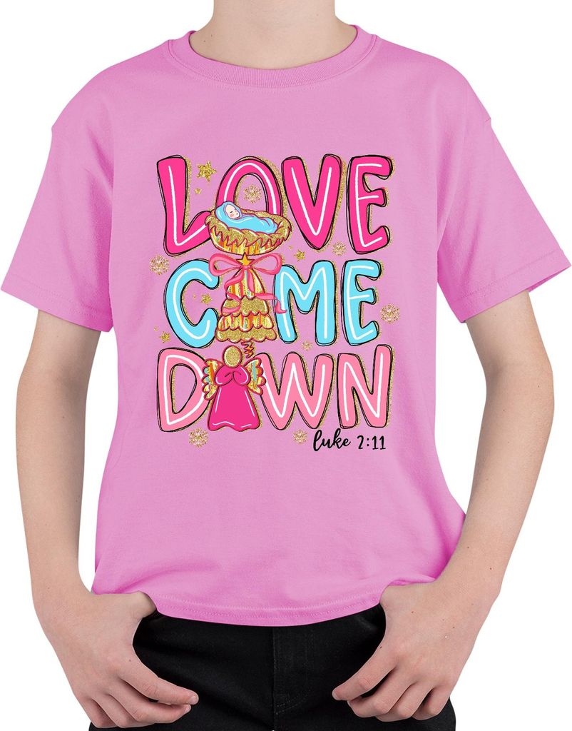 Love Come Down Jesus Krippe Engel Weihnachten Glitzer Pastell Uni Kinder T-Shirt, Pink, 116