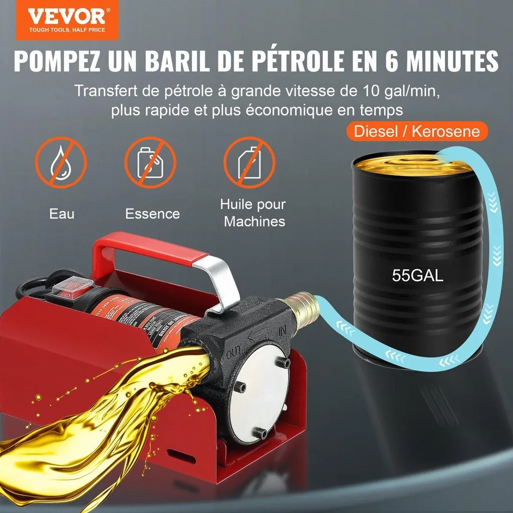 Pompa di trasferimento carburante, 12 V CC, 10 GPM, prevalenza 26,2 piedi, kit pompa elettrica portatile per trasferimento diesel con ugello di spegnimento automatico, tubo di mandata e aspirazione per diesel, cherosene, olio per trasformatori - 2