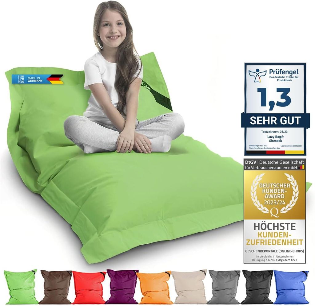 LazyBag Sitzsack XL 250 Liter Grün - Wasserfester Riesensitzsack für Indoor & Outdoor - Premium Bean Bag für Kinder & Erwachsene (Nylon)