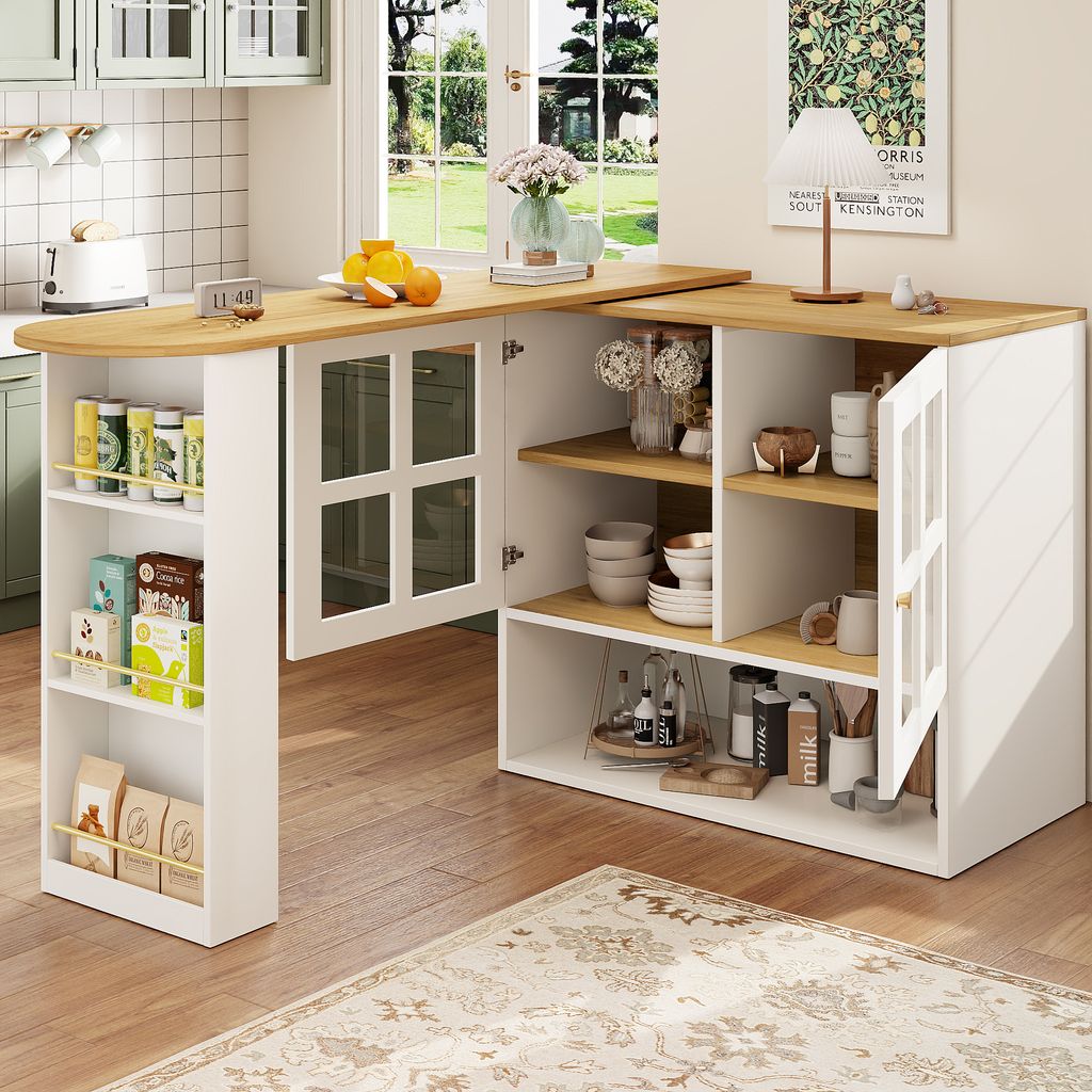 A kitchen island with storage and a countertop, set in a bright kitchen with a window view.