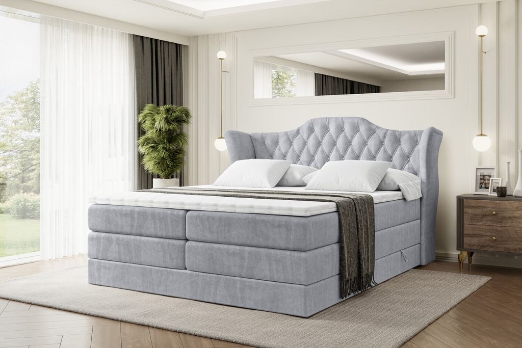 ALTDECOR Boxspringbett mit 2 Matratzen und Topper - 200x200 cm - VILA KING - Hellgrau Samt - Polsterbett mit, H3- und H4- Matratzen, Bettkasten und...