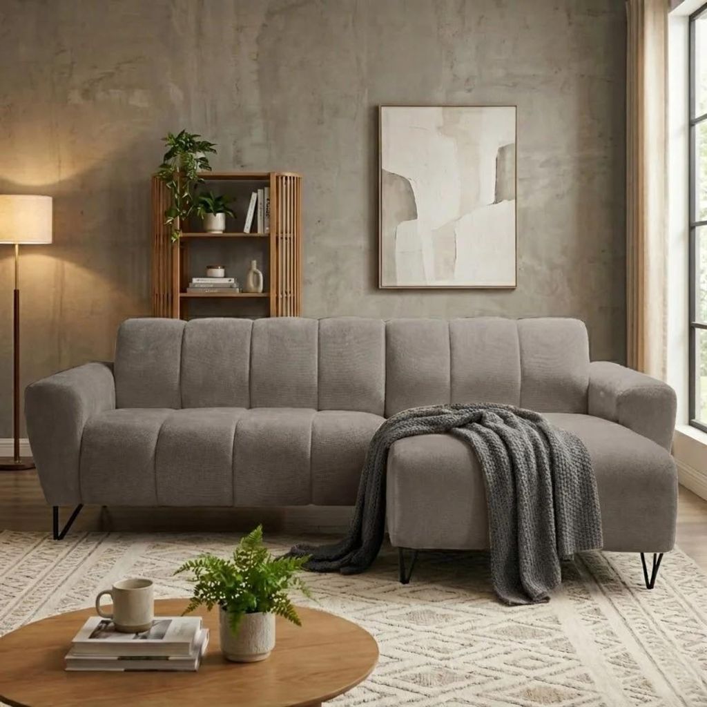 Ecksofa VOLARE MINI L-Form, Ottomane rechts, Chenille Storm in Kühles Beige, Sofa ohne Schlaffunktion, dekorative schwarze Metallbeine