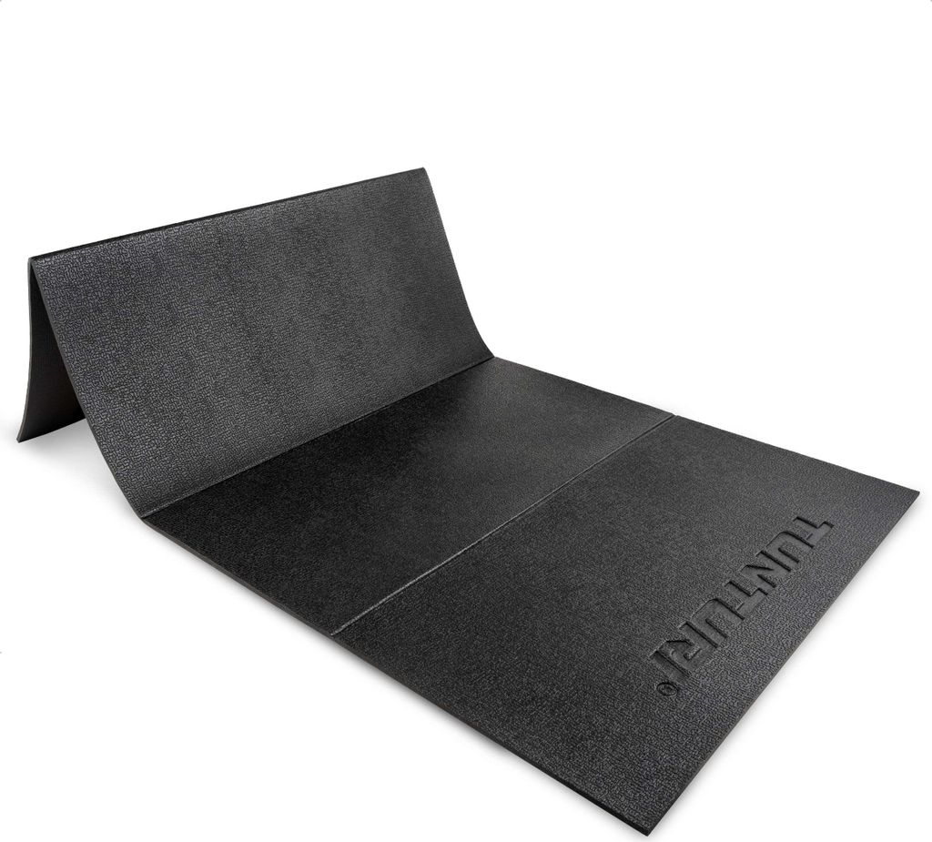 Tunturi Fitnessmatte - Extra dicke Außenmatte - Rutschfest Yogamatte - Pilatesmatte - 6 mm - Faltbar - 120 x 61 cm - Inkl. Trainings-App - Schwarz