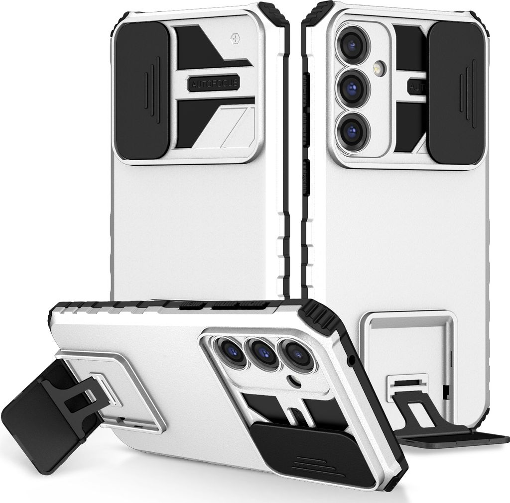 Dual Layer Hülle für Samsung Galaxy S23 FE Stossfest Robust Ständer Schutzhülle mit Schiebe Kamera Schutz Weiß