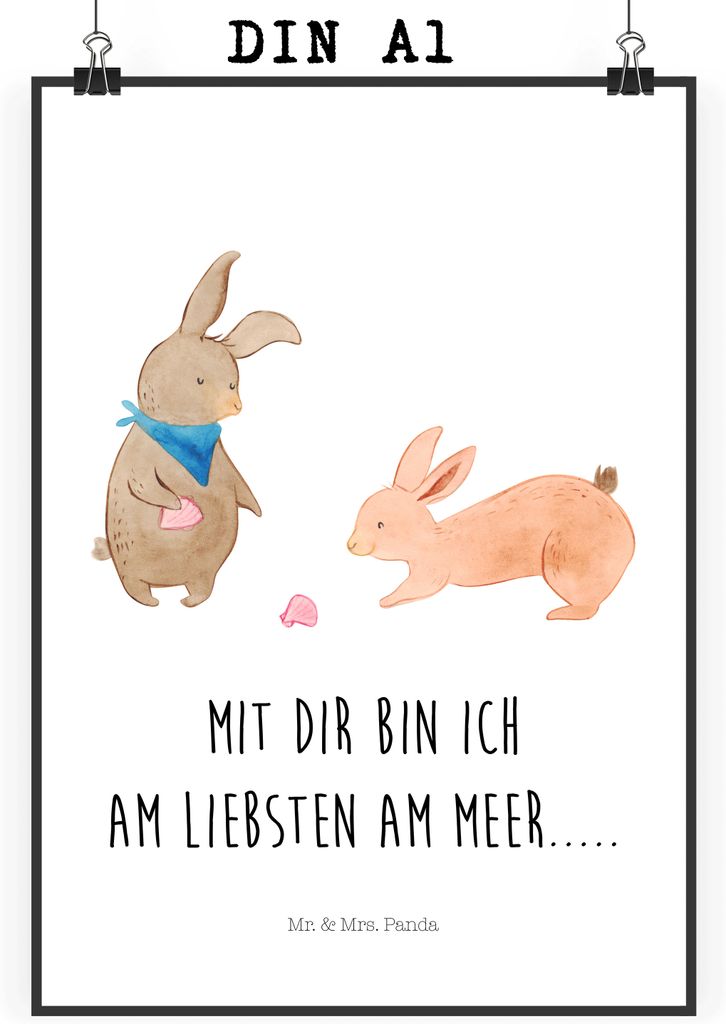 Mr. & Mrs. Panda Bild Hasen Muschel DIN A1 - Weiß - Geschenk, drucke, Kunstdruck, Meer, Wandschmuck, Wandbild, BFF, Strand, Muttertag, wanddeko