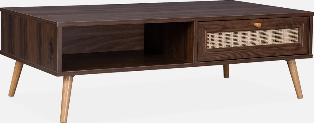 Tavolino Scandinavo in Vimini Marrone Scuro - Mobiletto 1 Cassetto Design