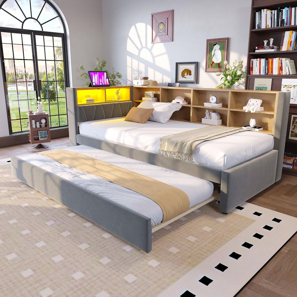 okwish Jugendbett 90×200 Schlafsofa mit Matratze,Tagesbett mit LED-Leuchten und Multifunktions-Ladeanschlüssen,Kinderbett mit Ausziehbett und Ab...