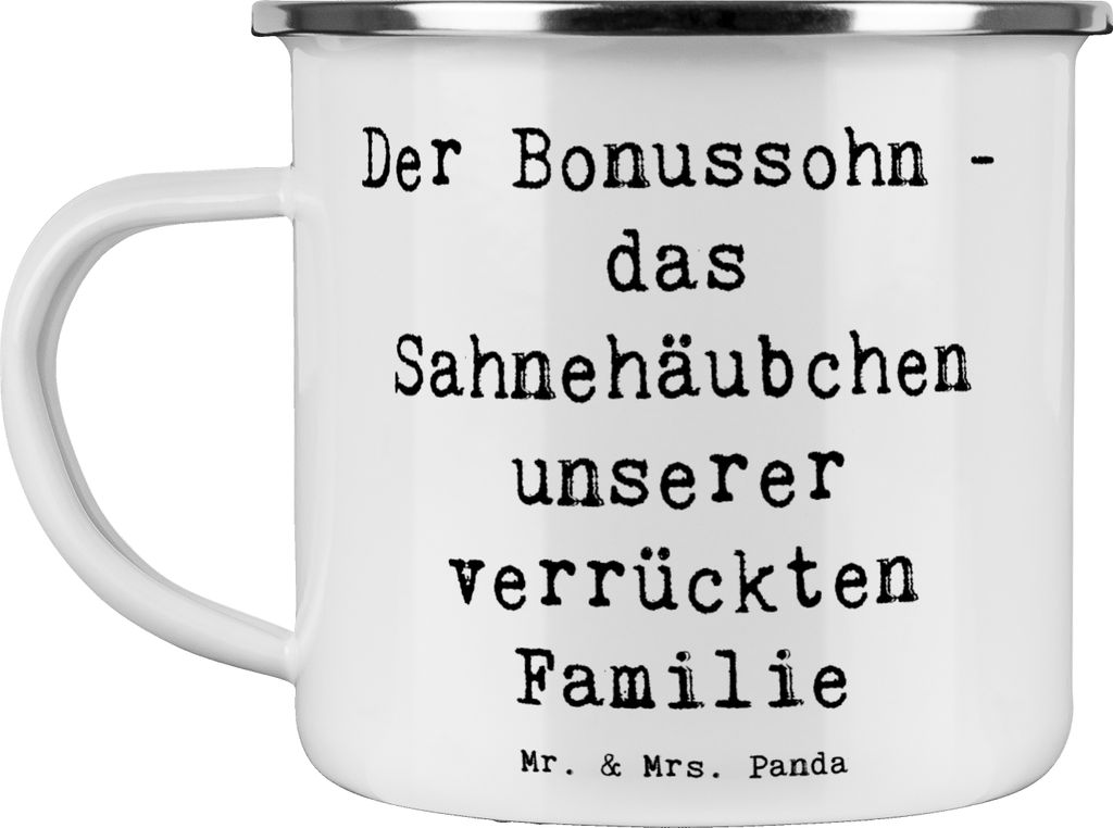 Mr. & Mrs. Panda Haferl Spruch Der Bonussohn - Weiß - Geschenk, Pott, Familienbindung, Emaille Tasse, Patchworkfamilie, Stiefsohn, Becher, Liebe, ...