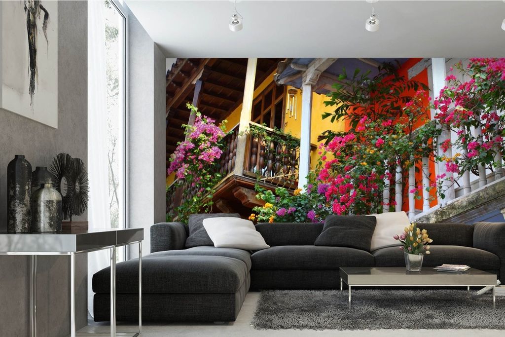 Vlies Fototapete BALKON MIT BLUMEN 375 x 250 cm (inkl. Kleister) - Vlies Tapete, Wandtapete, Wandbilder - Tapete für Wohnzimmer Schlafzimmer, Bür...