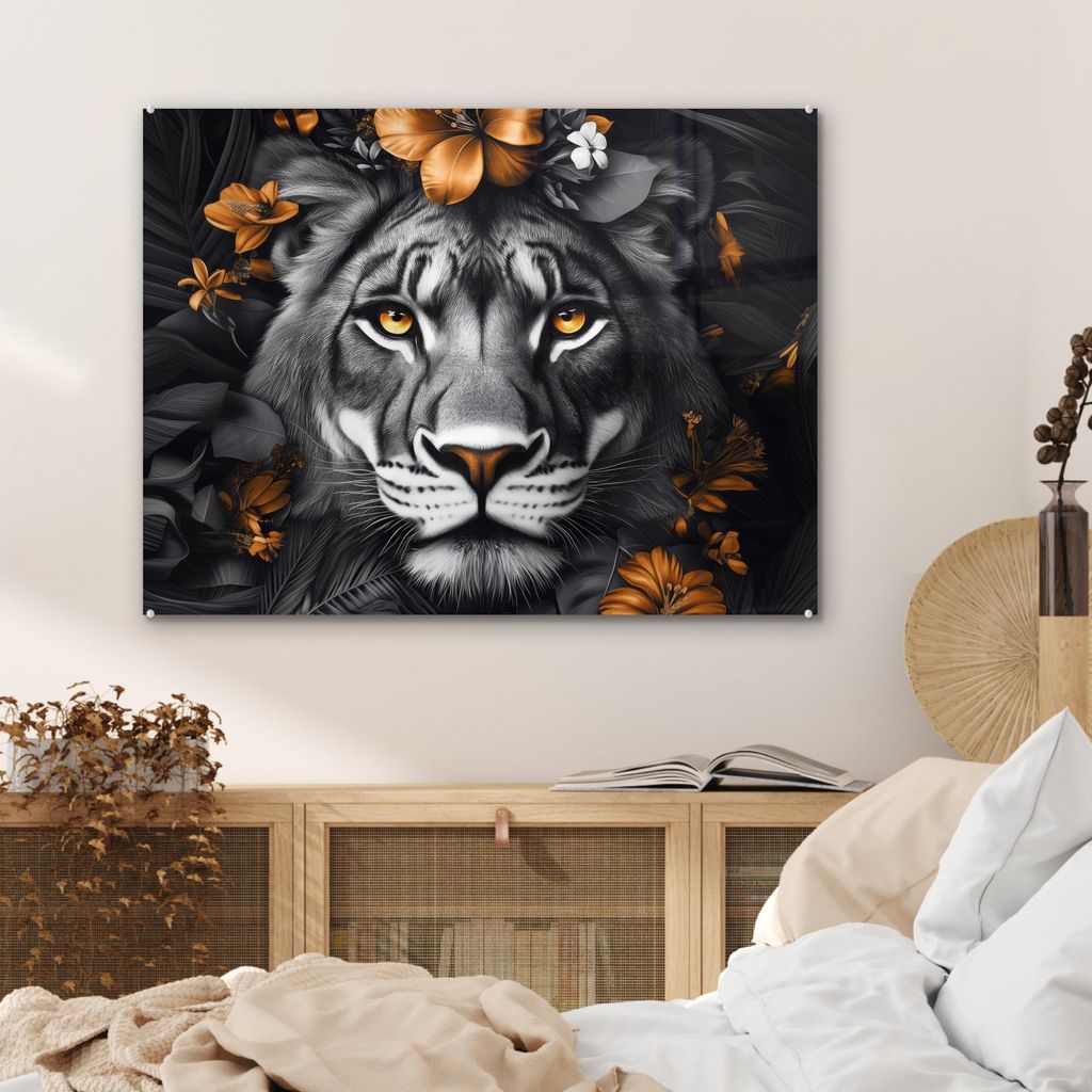MuchoWow Glasbilder - Bilder auf Wandbild - Foto auf Glas Tiger - Schwarz und Weiß - Gold - Blumen - Botanisch 80x60 cm Wanddekoration aus Glas - ...
