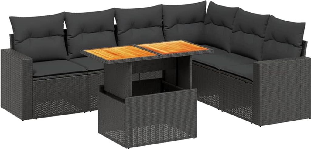 vidaXL 7-tlg. Garten-Sofagarnitur mit Kissen Schwarz Poly Rattan