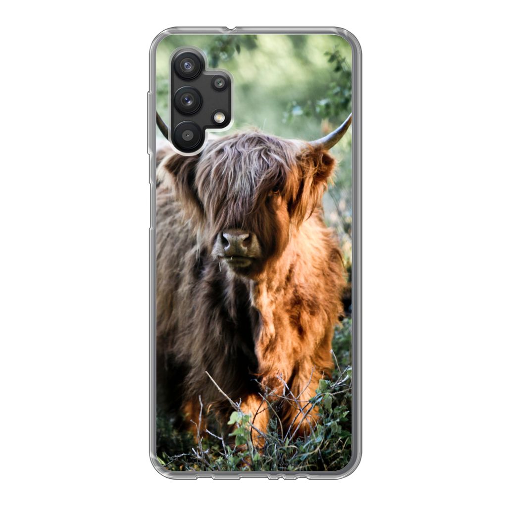 MuchoWow Handyhülle Schutzhülle Hülle für Samsung Galaxy A32 5G Schottische Highlander - Wald - Tiere Silikon Softcase Handy Hülle - Softcase