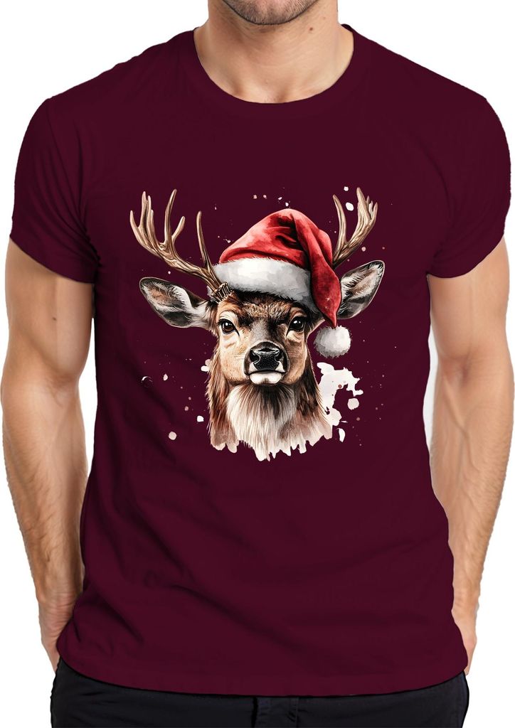 Weihnachtshirsch Rentier Aquarell realistisch Weihnachten Herren T-Shirt, Burgundy, XXL