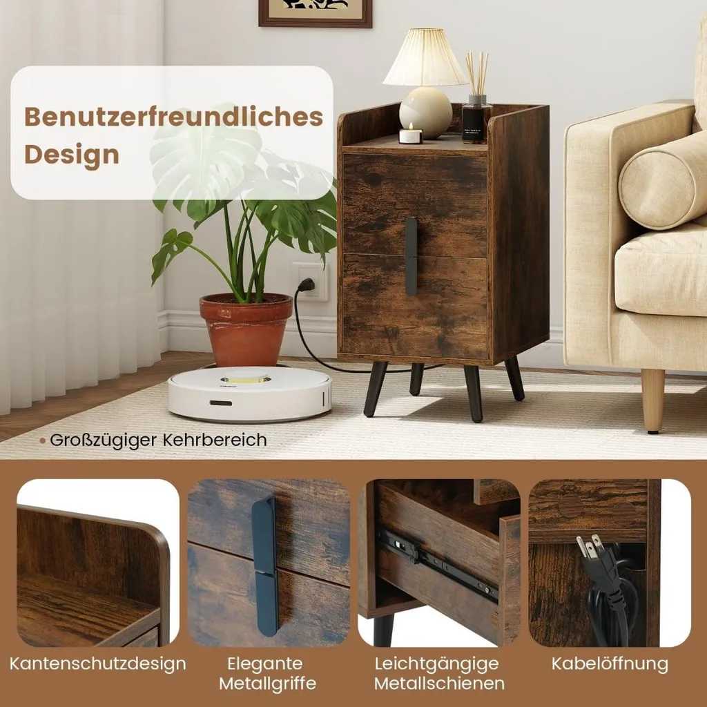 Table de Chevet avec Prise Intégrée et 2 Tiroirs, Style Rustique Marron