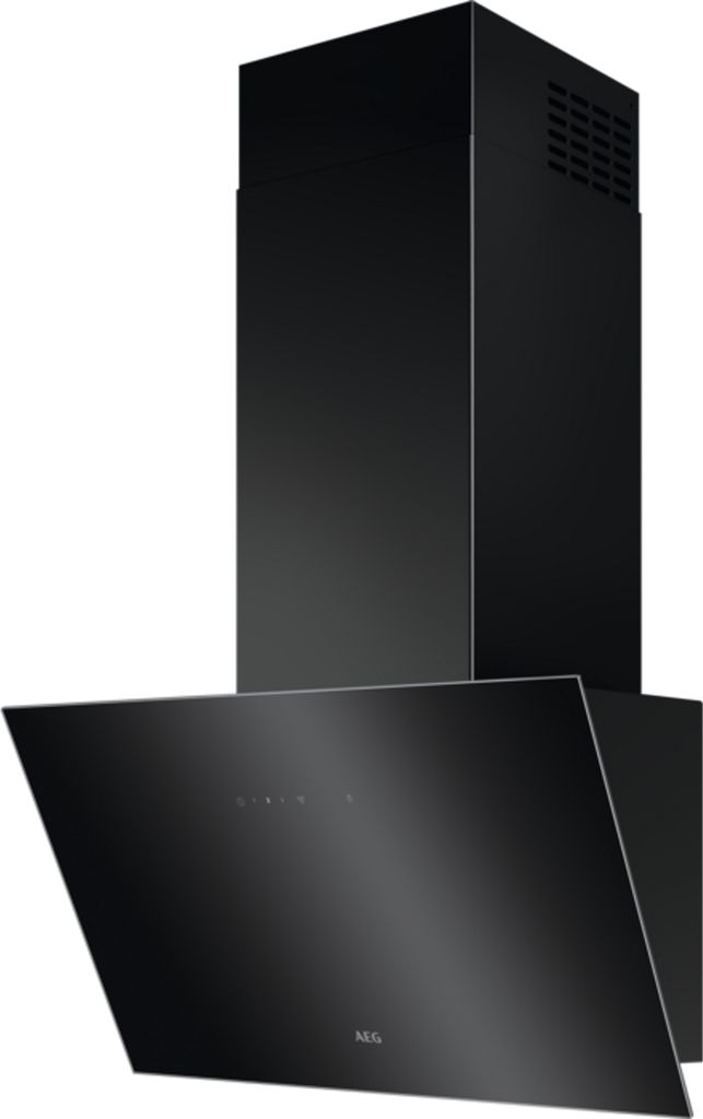 A black kitchen hood is shown against a white background.