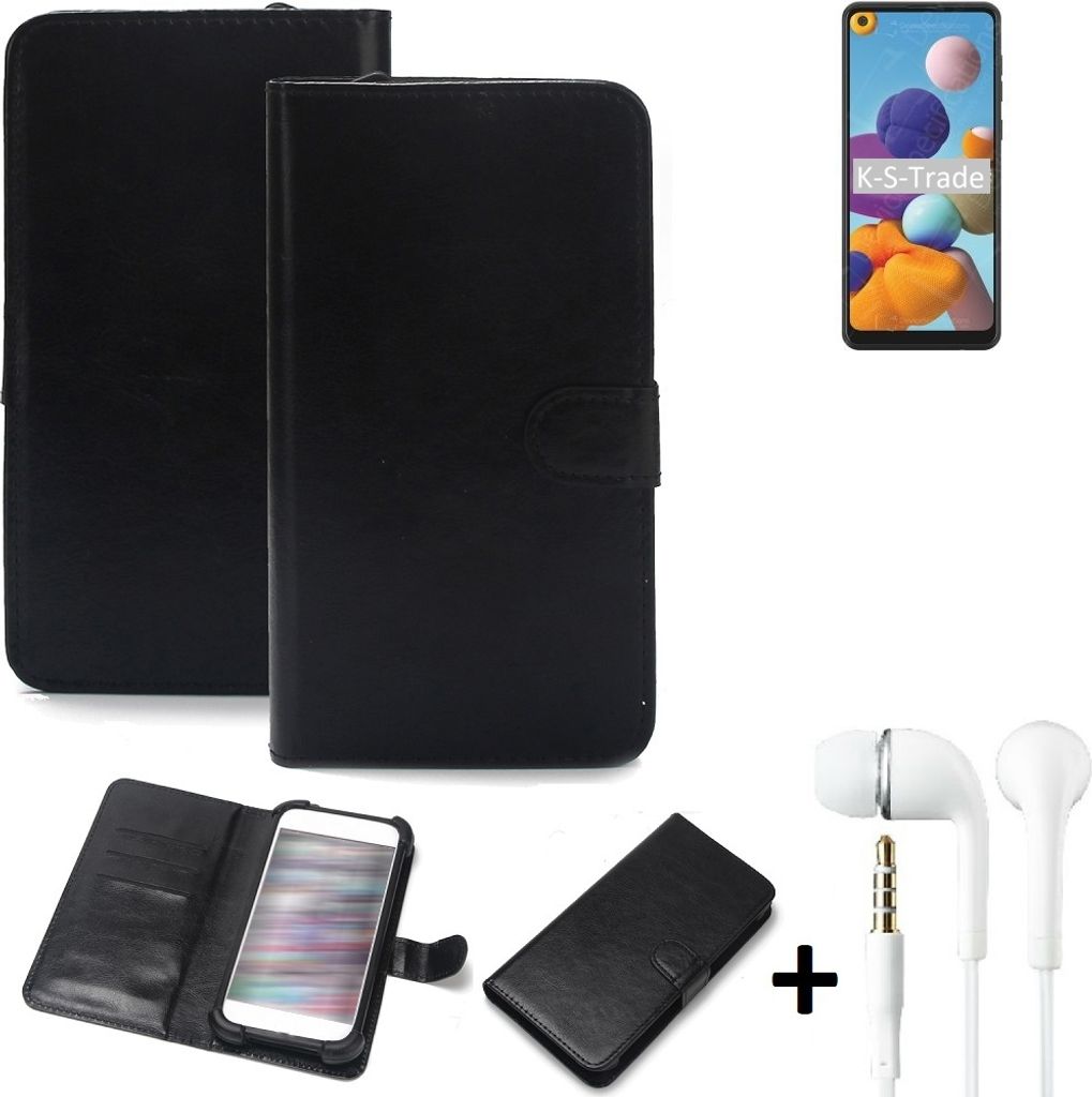 K-S-Trade Wallet Case Handyhülle kompatibel mit Samsung Galaxy A21 Schutzhülle Flip cover Flipstyle Tasche Hülle Flipcover Slim Bumper schwarz + in