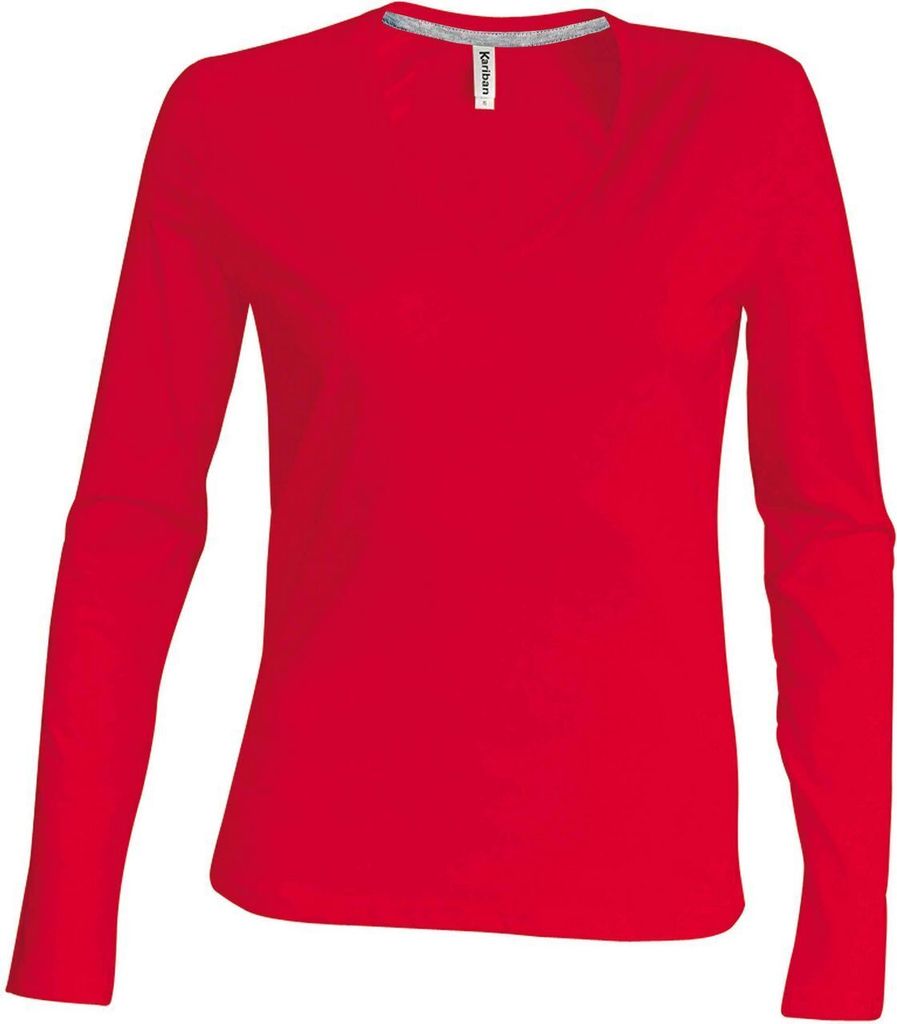 Kariban Damen Langarmshirt V-Neck Bluse Shirt Oberteil Langarm Shirt, Größe:M, Farbe:Rot