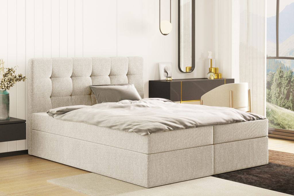 Kaiser Möbel Boxspringbett mit matratze und bettkasten, Schlafbett LUDANO stoff Sydney Perle 180x200 cm H2-Pocket