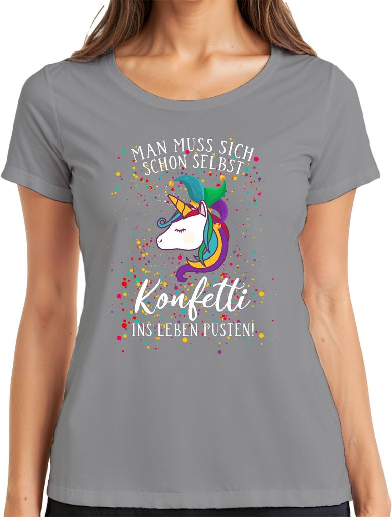 Man muss sich schon selbst Konfetti ins Leben pusten Einhorn Damen T-Shirt, Grau, XXL