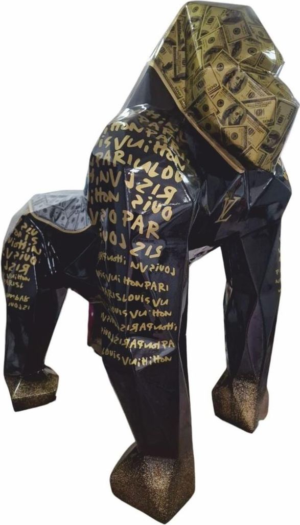 Casa Padrino XXL Garten Deko Skulptur Gorilla Affe Schwarz / Gold H. 128 cm