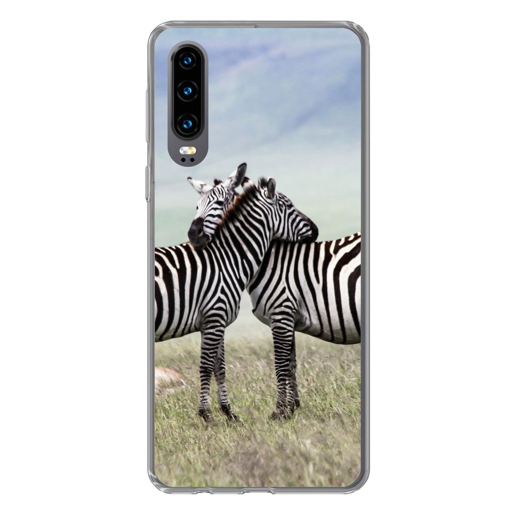 MuchoWow Handyhülle Schutzhülle Hülle für Huawei P30 Zebras - Gras - Schwarz - Weiß Silikon Softcase Handy Hülle - Kartenbesitzer