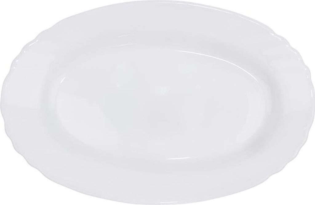 A white oval plate with a decorative rim is shown from a slightly elevated angle against a white background.