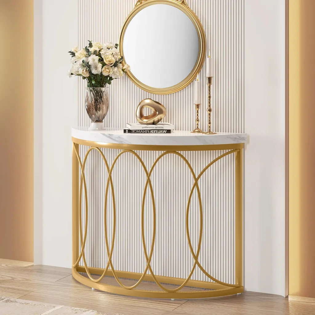 Console dorée au design géométrique 110 cm table d'appoint demi-lune