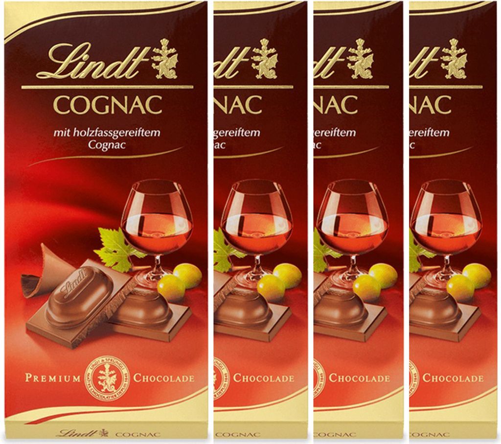 Four identical packages of Lindt Cognac chocolate bars are displayed side-by-side.