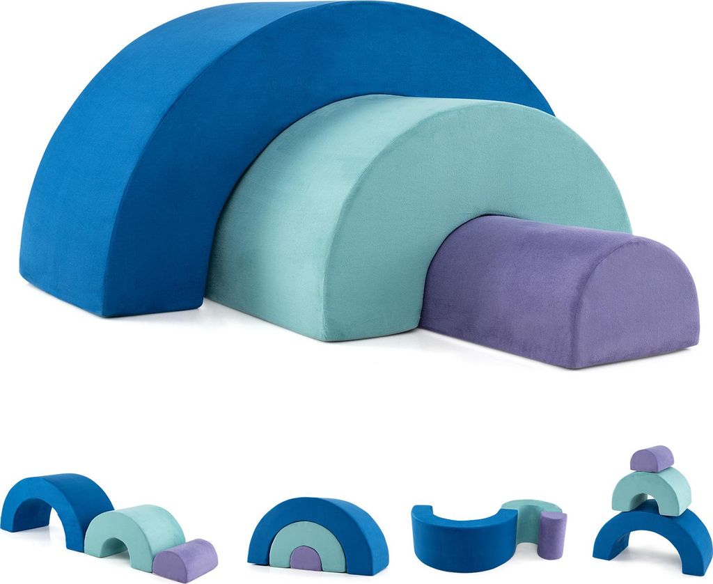 COSTWAY 3-TLG. Softbausteine, Schaumstoffbausteine zum Klettern & Krabbeln, Kletterbogen, Riesenbausteine aus Schaumstoff, Großbausteine, Blau