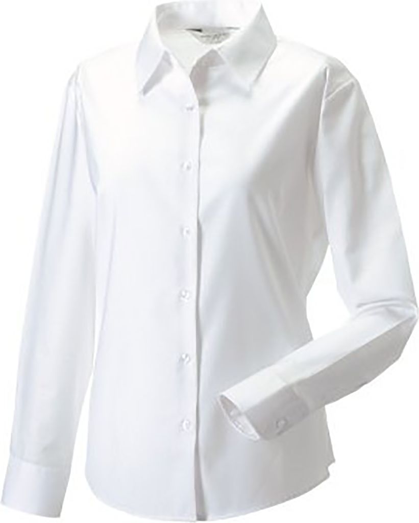 Russell Collection Easy Care Oxford Bluse, Langarm BC1022 (XS) (Weiß)