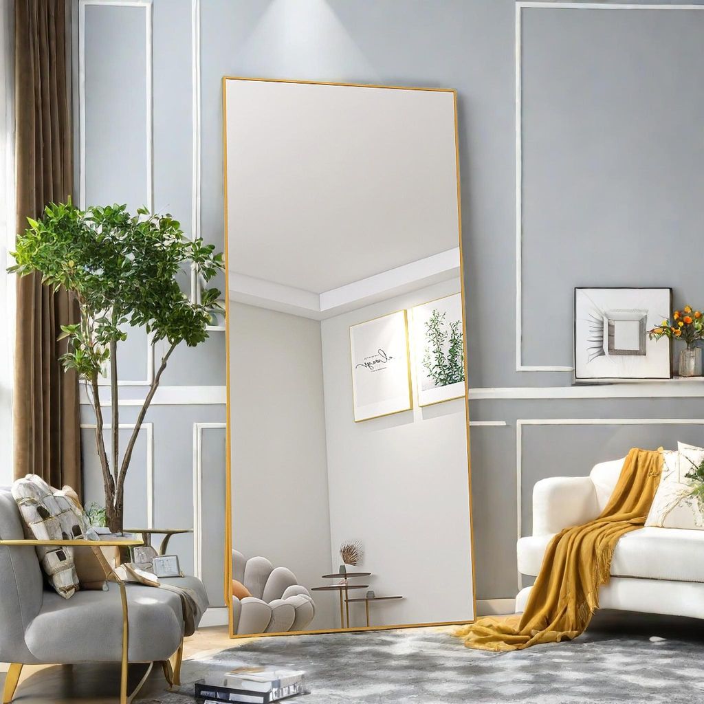 Großer Ganzkörperspiegel, 180 x 80 cm, großer Standspiegel, Hängespiegel, rechteckig, Gold