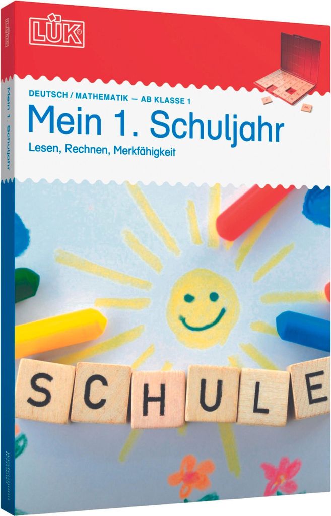 A children's educational book cover with a drawing of a sun and the word "SCHULE" spelled out with letter tiles.
