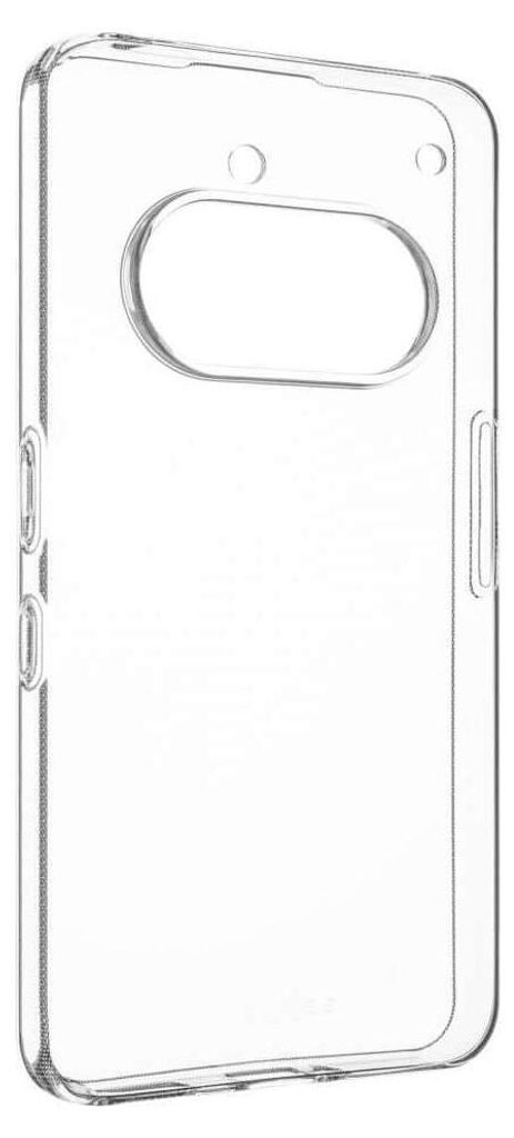 A clear, transparent phone case shown from a side angle.